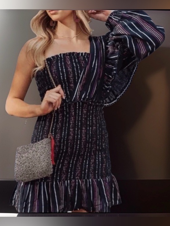 FARM Rio Dresses & Skirts - NWT FARM Rio Lurex Stripes Mini Dress w/one shoulder/ruffles/smocked bodice/-S